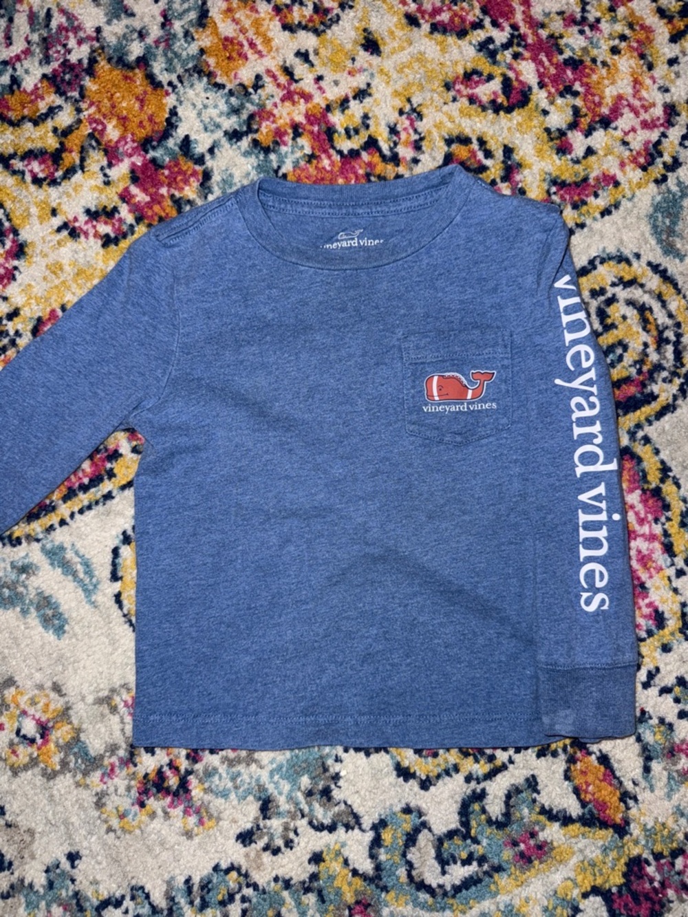 Vineyard Vines Kids Long Sleeve Pocket Tee in Heather Blue with Football Whale